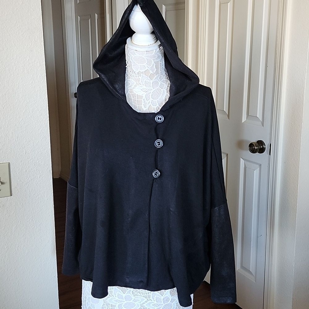 Capote Textured Sleeve Hoodie  Asymmetrical Button‎ Cardigan Whimigoth Size XS-L